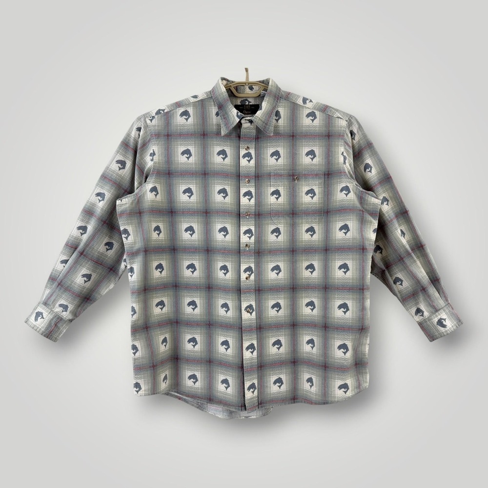Vintage‎ Orvis Fish Print Shirt Mens 2XL Gray Plaid Cotton USA Made 90s